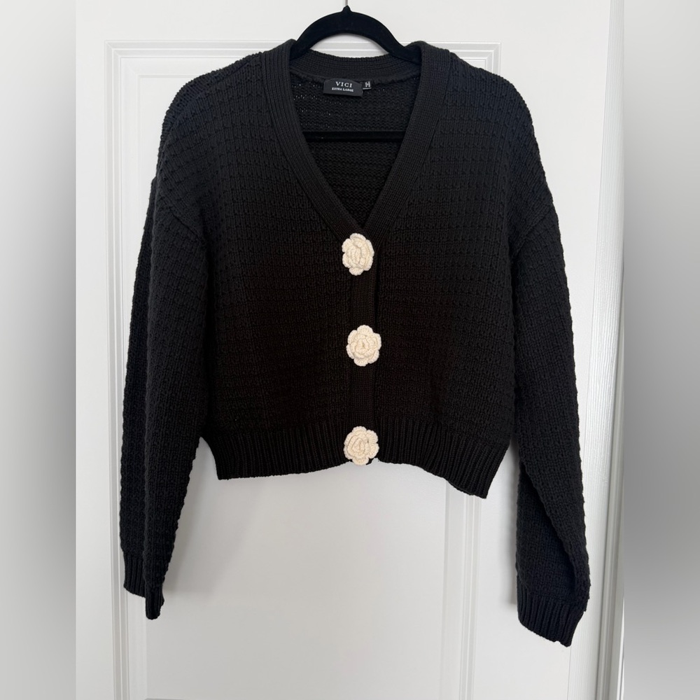 Vici Black Cropped Knit Cardigan with Cream Flower Buttons